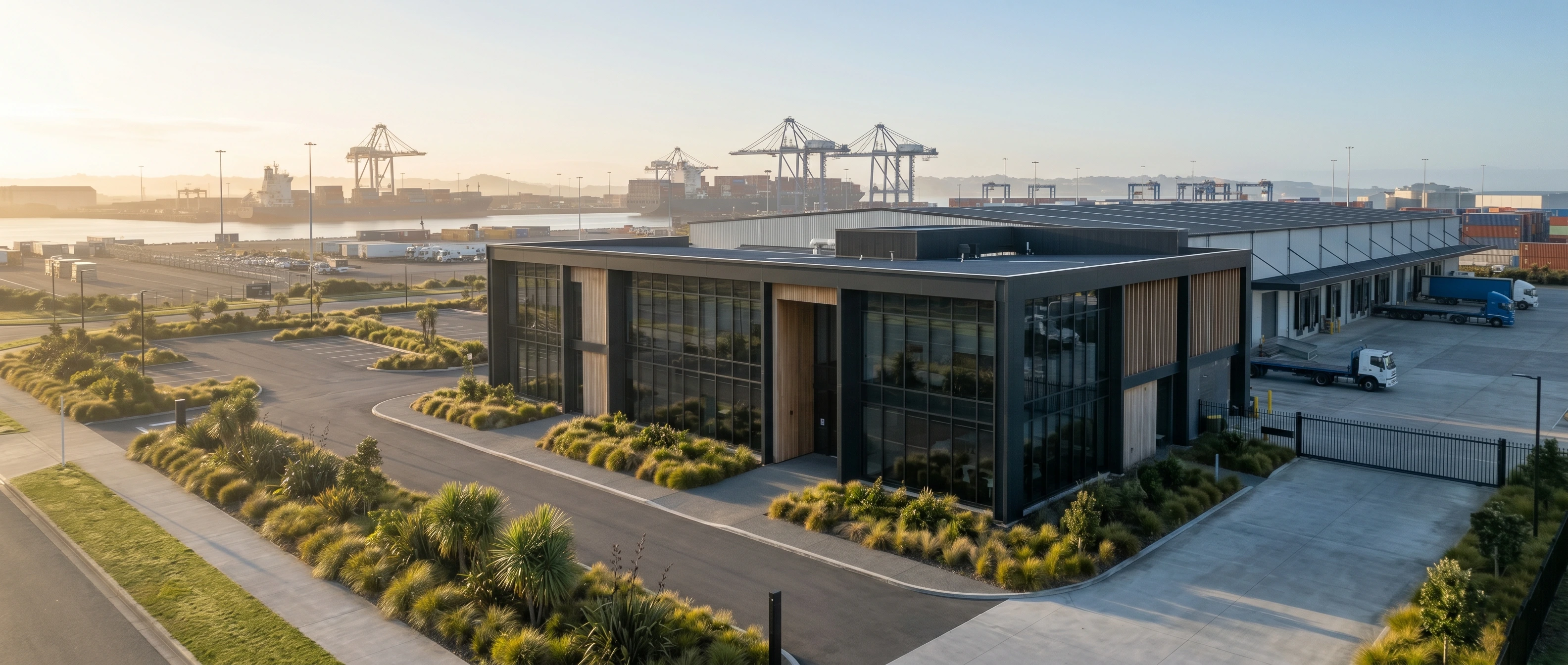 Auckland harbour with global trade lines and curated products