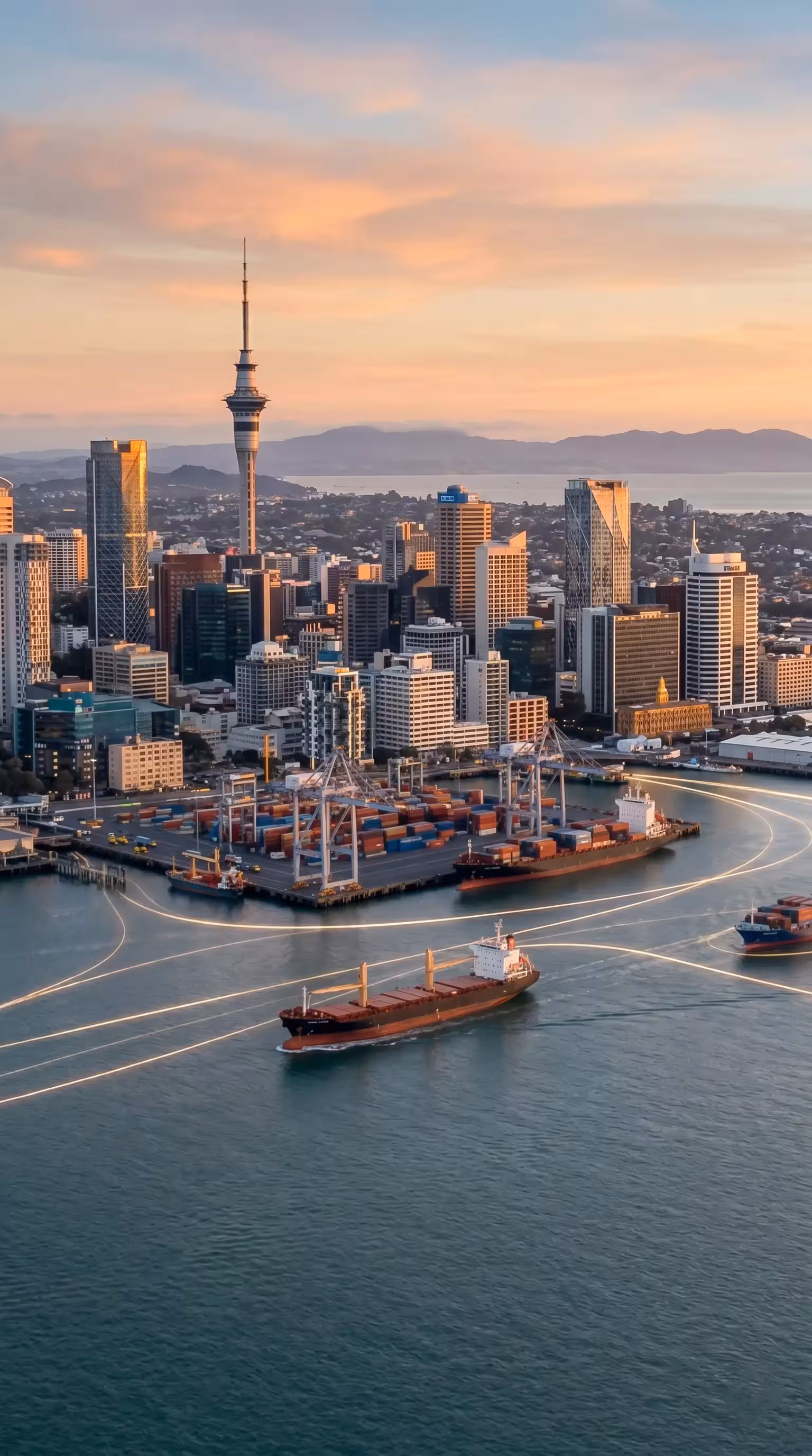 Auckland harbour with global trade lines and curated products